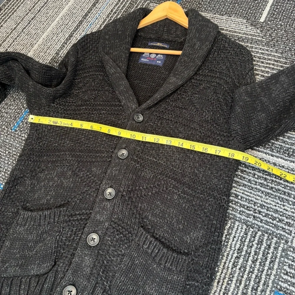 American Eagle Men’s Medium Cardigan Shawl Collar Charcoal Sweater Elbow patches